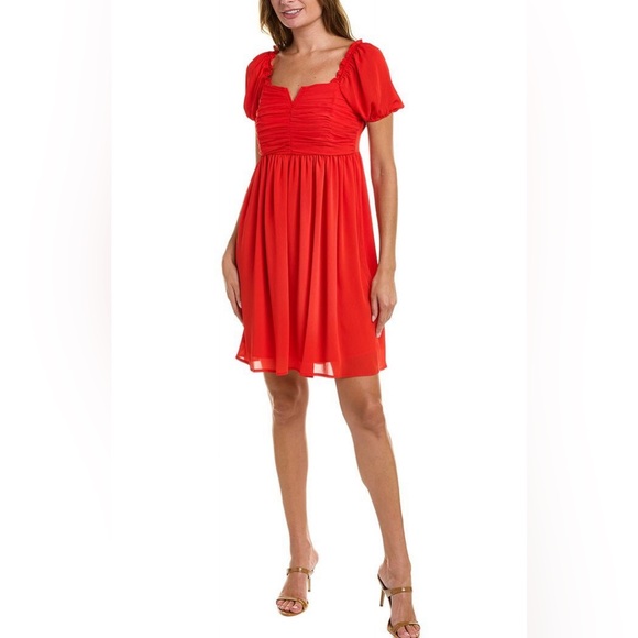 Tahari ASL Puff Sleeve Mini Dress Ruched Bodice in Grenadine Red Size 2, NWT - Picture 3 of 7